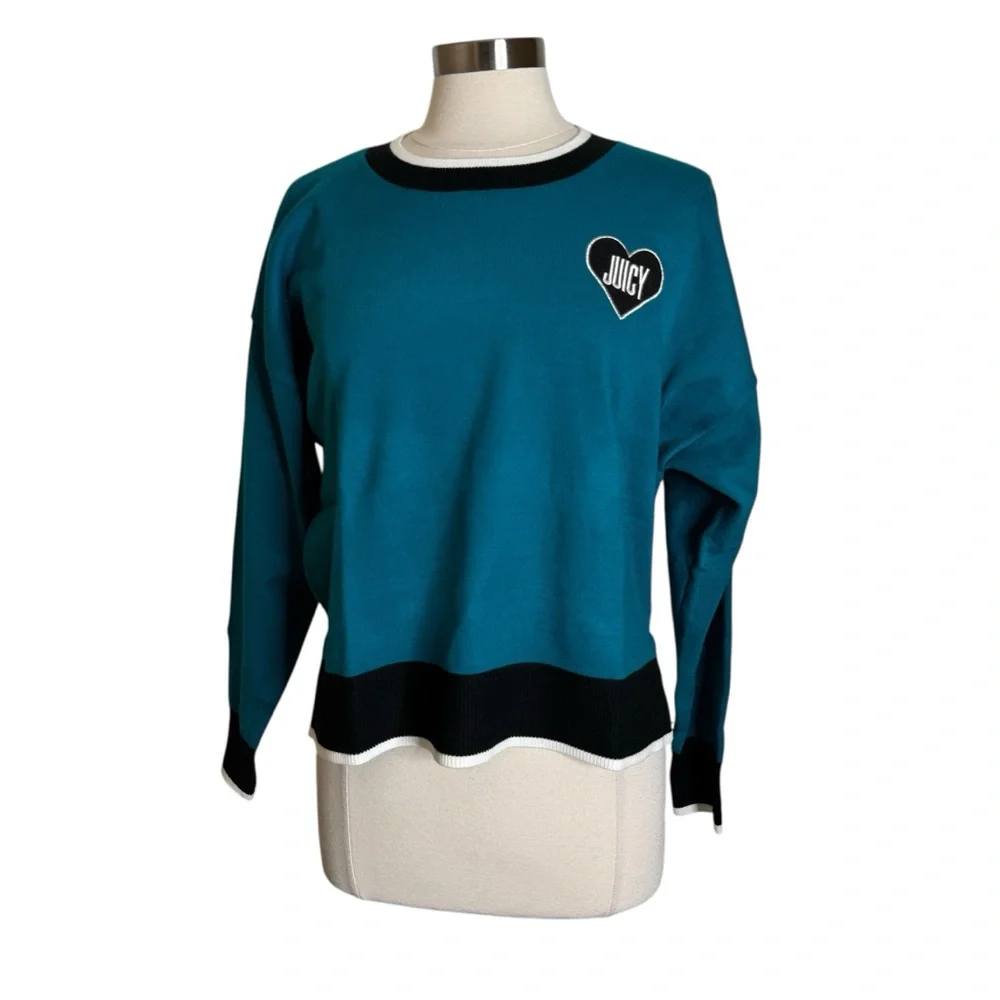 Juicy Couture Crew Neck Long Sleeve Pullover Heart Sweater Teal Womens Large New
